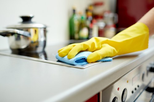 Oven cleaning technician working in a Stjohnswood home kitchen